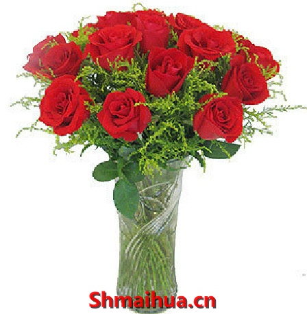 今生有你2-19朵红玫瑰，适量黄莺点缀，玻璃花瓶装（以实物为准）