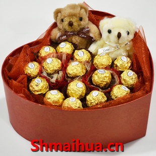 两情相悦-16颗巧克力+2只小熊,心形盒装豪华高档包装
