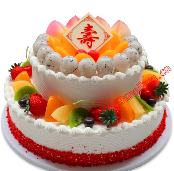 寿与天齐-双层（6寸+10寸）圆形鲜奶水果蛋糕,上面有寿桃和花瓣形样式,时令水果装饰，写“寿”字样