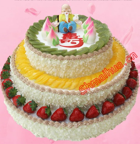 幸福祈盼-三层（6寸+10寸+12寸）圆形鲜奶水果蛋糕,上面有寿桃和老寿星样式,时令水果装饰，写“寿比南山”字样