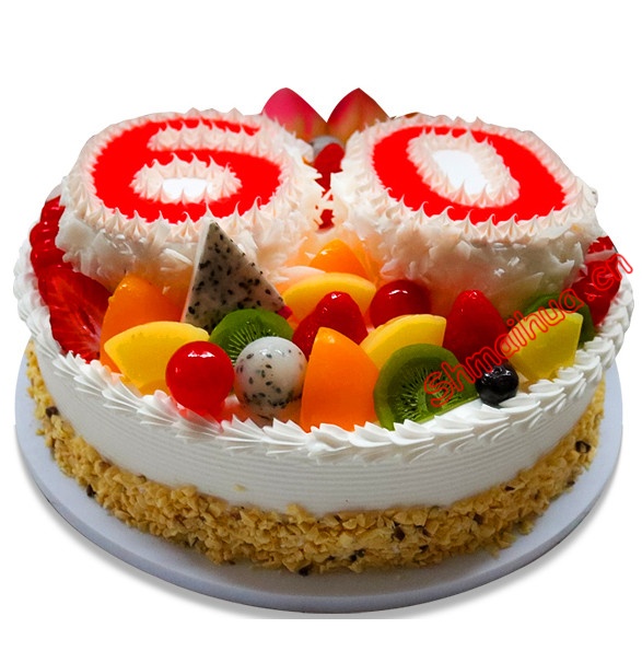 仙福永享-双层（6寸+10寸）祝寿水果蛋糕,上层分别用2个6寸蛋糕设计数字6和0；水果外围装饰,白色巧克力屑围边