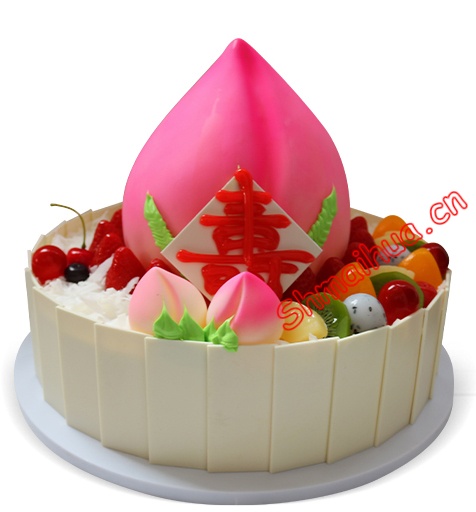 天伦永享-双层（6寸+10寸）圆形鲜奶水果蛋糕,上面有寿桃和花瓣形样式,时令水果装饰，写“寿”字样