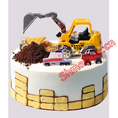 挖土机工程车蛋糕-8寸圆形鲜奶蛋糕，挖土机工程车创意场景蛋糕（下单前先咨询客服是否有货）