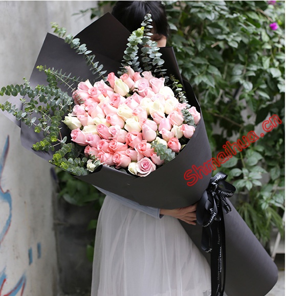 怦然心动-粉白玫瑰共66枝，黑色包装搭配，熊抱花束