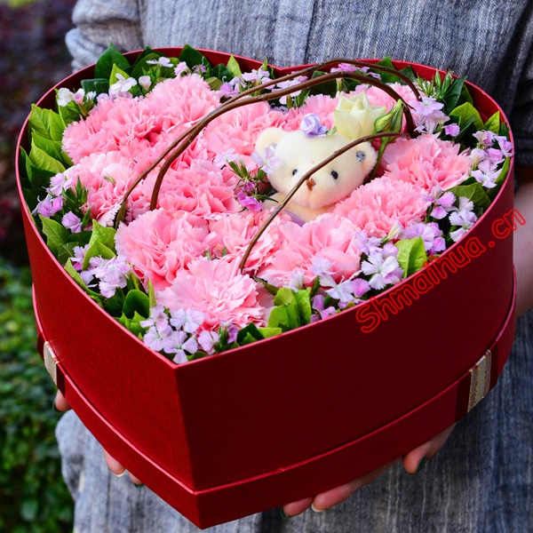 深深祝福-11朵粉色康乃馨，黄色桔梗间插丰满，绿叶、相思梅外围，随机赠送一只可爱小公仔,红色心形礼盒装