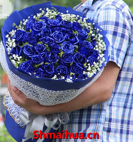 知心爱人-33枝精品蓝玫瑰，满天星点缀，黄莺适量，蓝色硬纸经典圆形包装