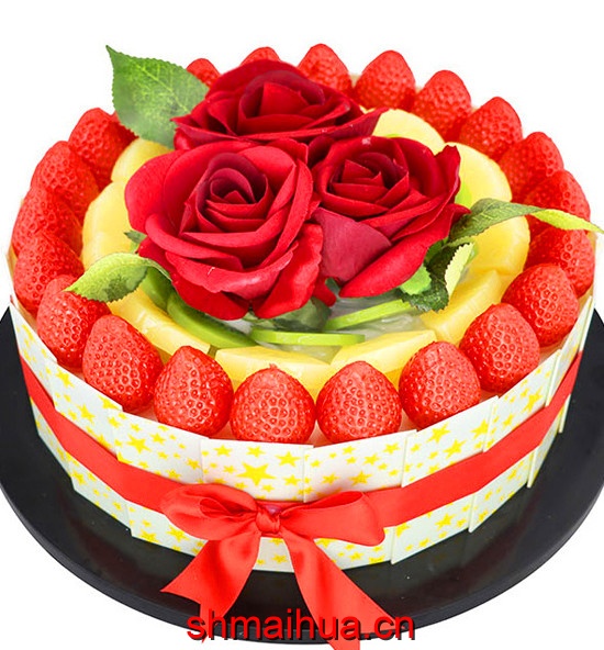 花漾-10寸 巧克力蛋糕，圆形欧式蛋糕，巧克力碎屑铺面，3朵玫瑰花