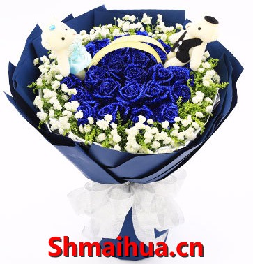 蓝色深情-19枝蓝玫瑰，黄莺满天星点缀，蓝色皱纹纸圆形包装，随机赠送2只小熊公仔