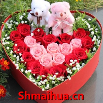 最爱-红色，粉色玫瑰共21朵，搭配满天星，黄莺，2个小熊。心形红色礼盒如图包装（以实物为准）