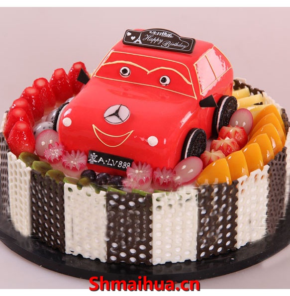 水果满车-双层（6寸+10寸）水果蛋糕，新鲜的时令水果，巧克力屑点缀，小汽车装饰