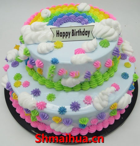 七彩人生-双层（6寸+10寸）圆形鲜奶蛋糕,白云，彩虹花束装饰，彩虹创意蛋糕