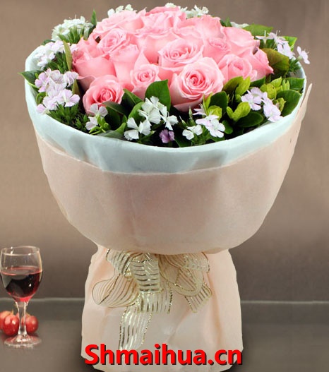 天天都有好心情-12枝粉玫瑰，绿叶适量，经典韩式包装