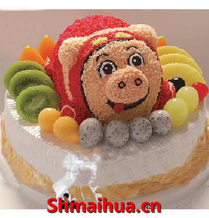 可爱猪-双层（6寸+10寸）鲜奶水果蛋糕，新鲜的时令水果，巧克力屑点缀，上面可爱猪装饰