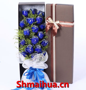 优雅馨情-19朵蓝玫瑰，白纱束扎，精美礼盒（以实物为准）
