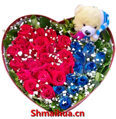 依恋-21朵红玫瑰，11朵蓝色妖姬，一只小熊（以实物为准）绿叶满天星点缀其中，精美心型高档礼盒盛放